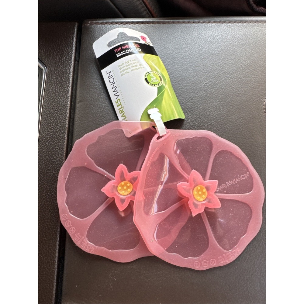 CHARLES VIANCIN Hibiscus 4.5" Silicone Drink Toppers ~ Set of 2 Pink New Tags